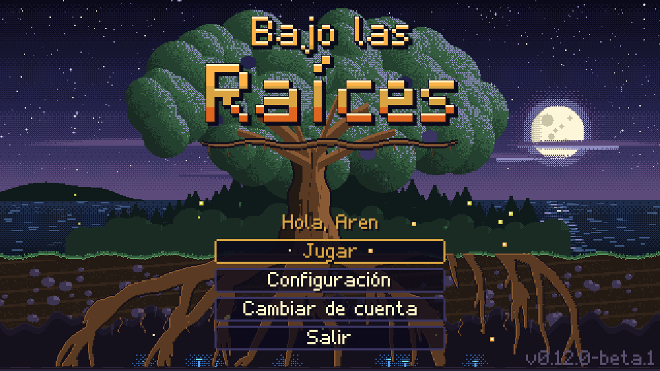 Title screen of Bajo las Raíces: a giant oak under the full moon, its roots sunk into the earth